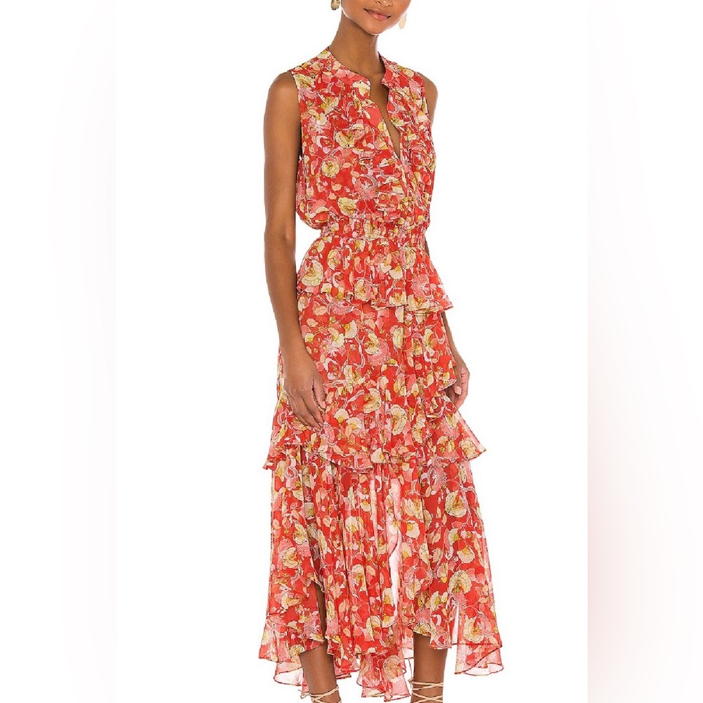 Misa Los Angeles Red Floral Sleeveless Tiered Midi Dress